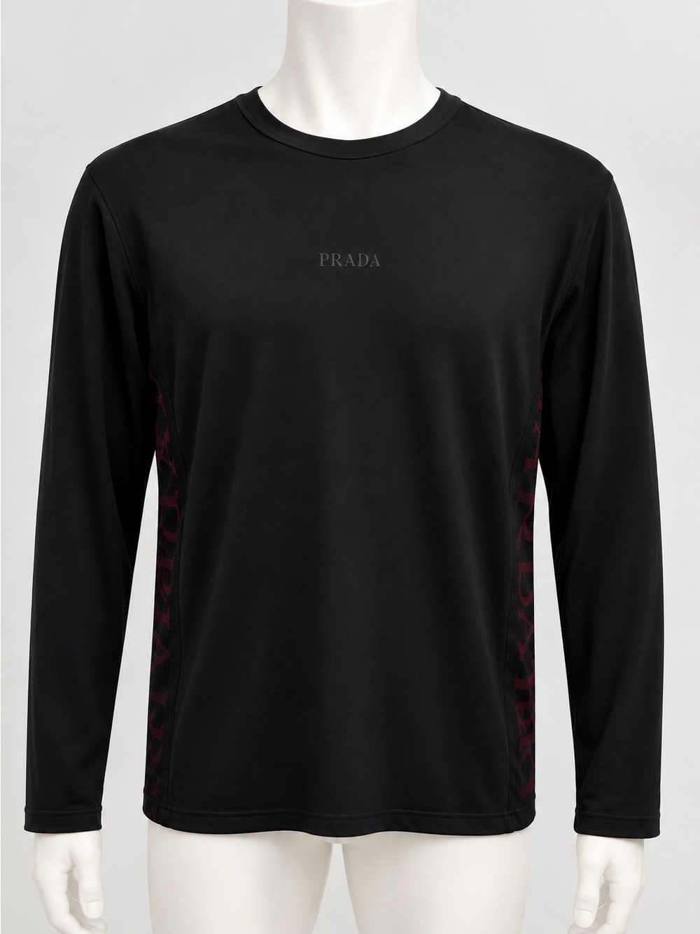 Prada Black Long-Sleeve Logo Crewneck with Mesh Side Panel Detail